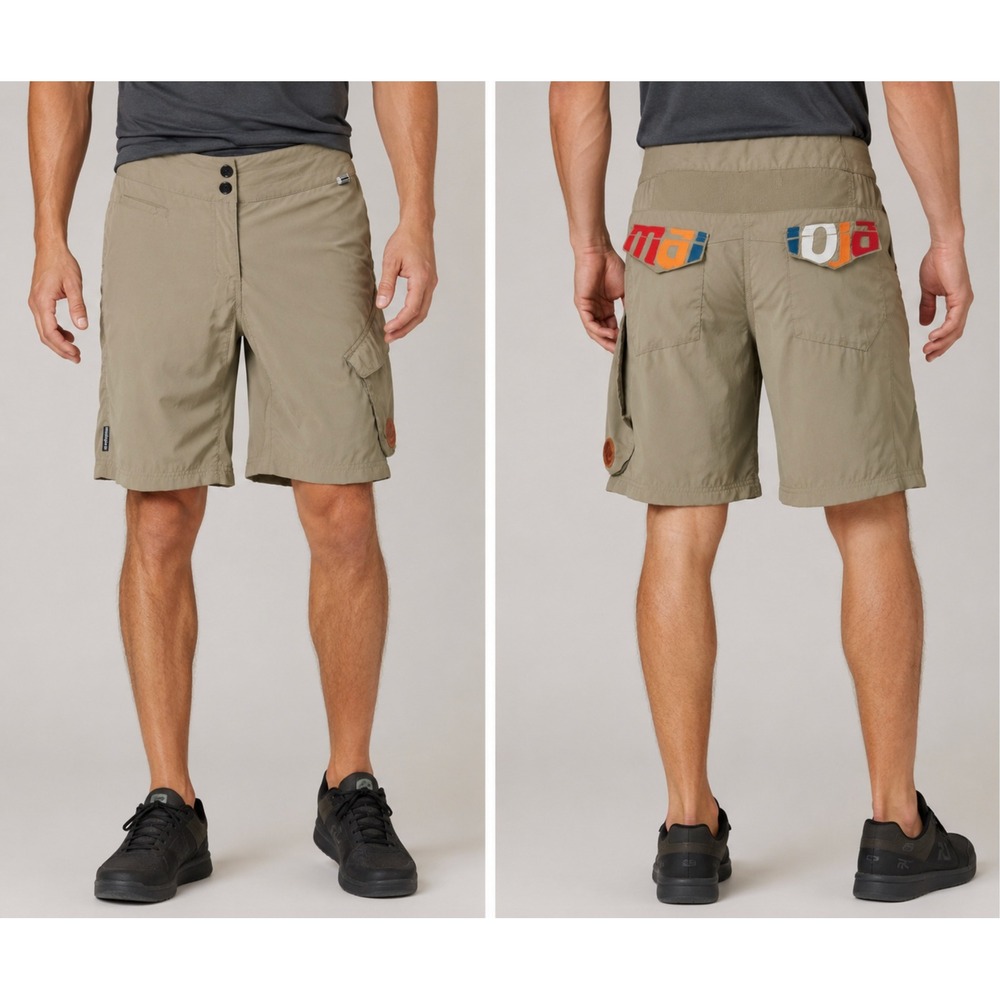 Maloja Mountain Bike Shorts Mens Small Retro Colorful Logo Pockets Khaki Cycling